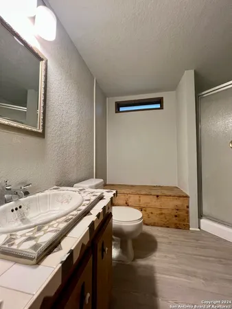 a bathroom with a sink a toilet and mirror