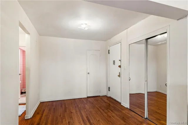 a view of a hallway with wooden floor and closet
