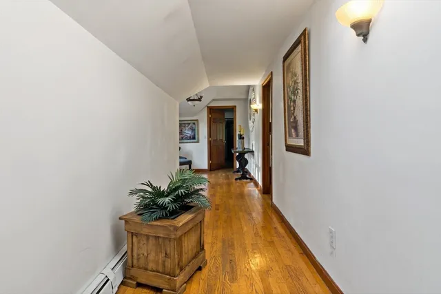 a view of a hallway with wooden floor and a potted plant