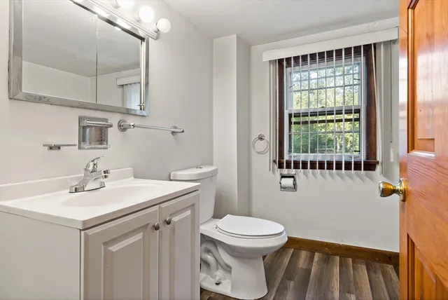 a bathroom with a sink a toilet and a mirror