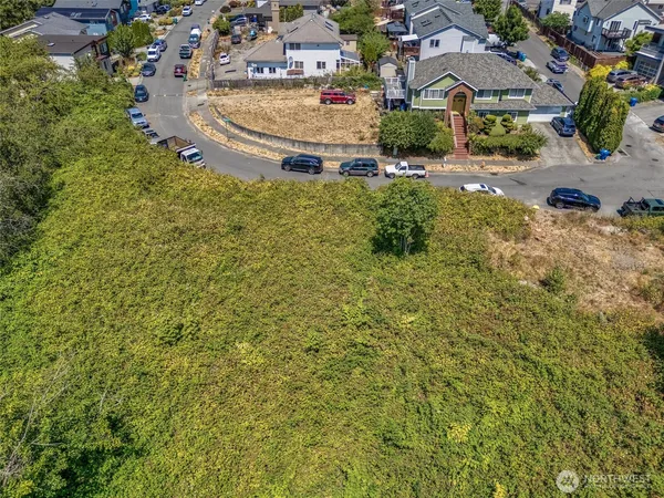 an aerial view of residential houses with outdoor space and trees