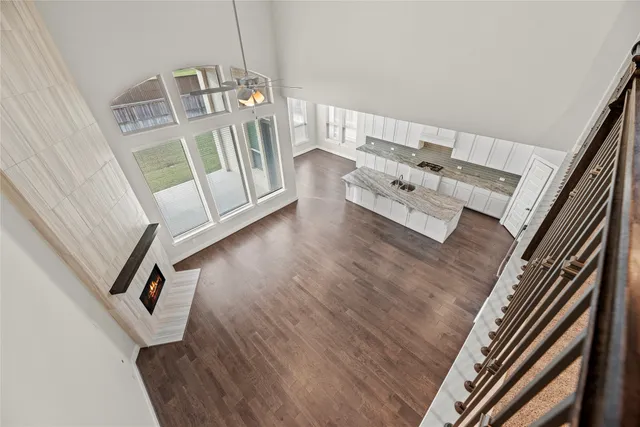 a view of a backyard with grass and a large tree