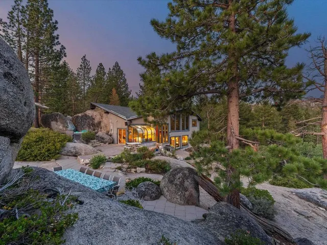 a view of a town with large trees