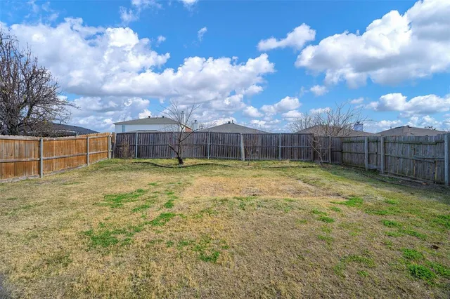 a view of a backyard with a large tree
