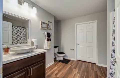 a bathroom with a sink and a mirror