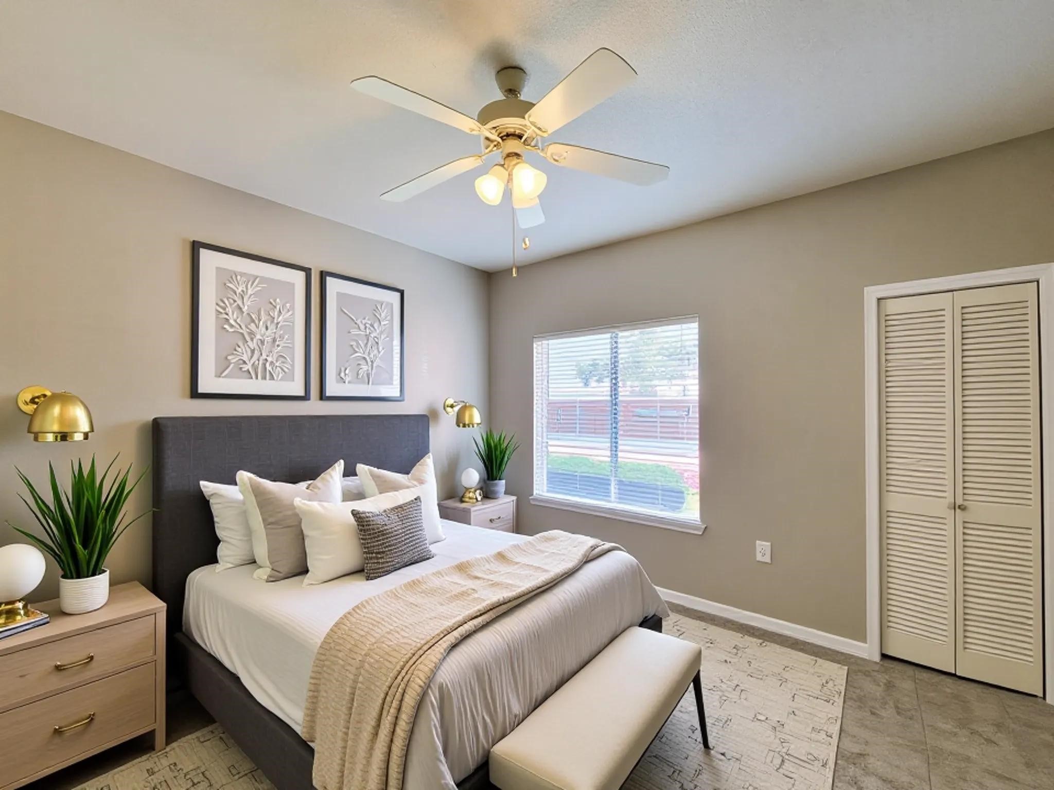 4041 Drake Street, Unit 116 Houston, TX 77005 - Photo 4 of 27 a bedroom with a bed and a chandelier