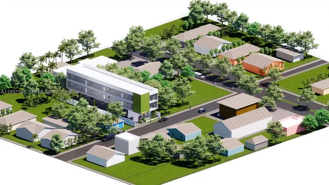 an aerial view of a house with a garden