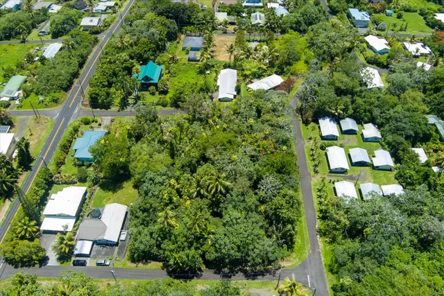 an aerial view of a house with a yard and garden