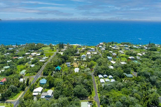 an aerial view of a house with a yard