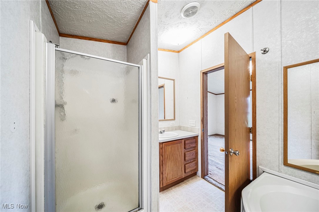 6835 Sidley Road Thompson, OH 44086 - Photo 19 of 39 Bathroom featuring a shower stall, vanity, crown molding, a garden tub, and a textured ceiling