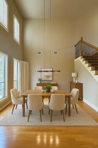 a dining room with furniture and wooden floor