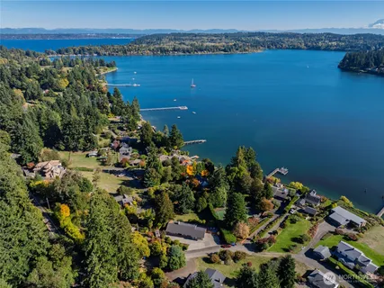 an aerial view of a house with a yard and plants