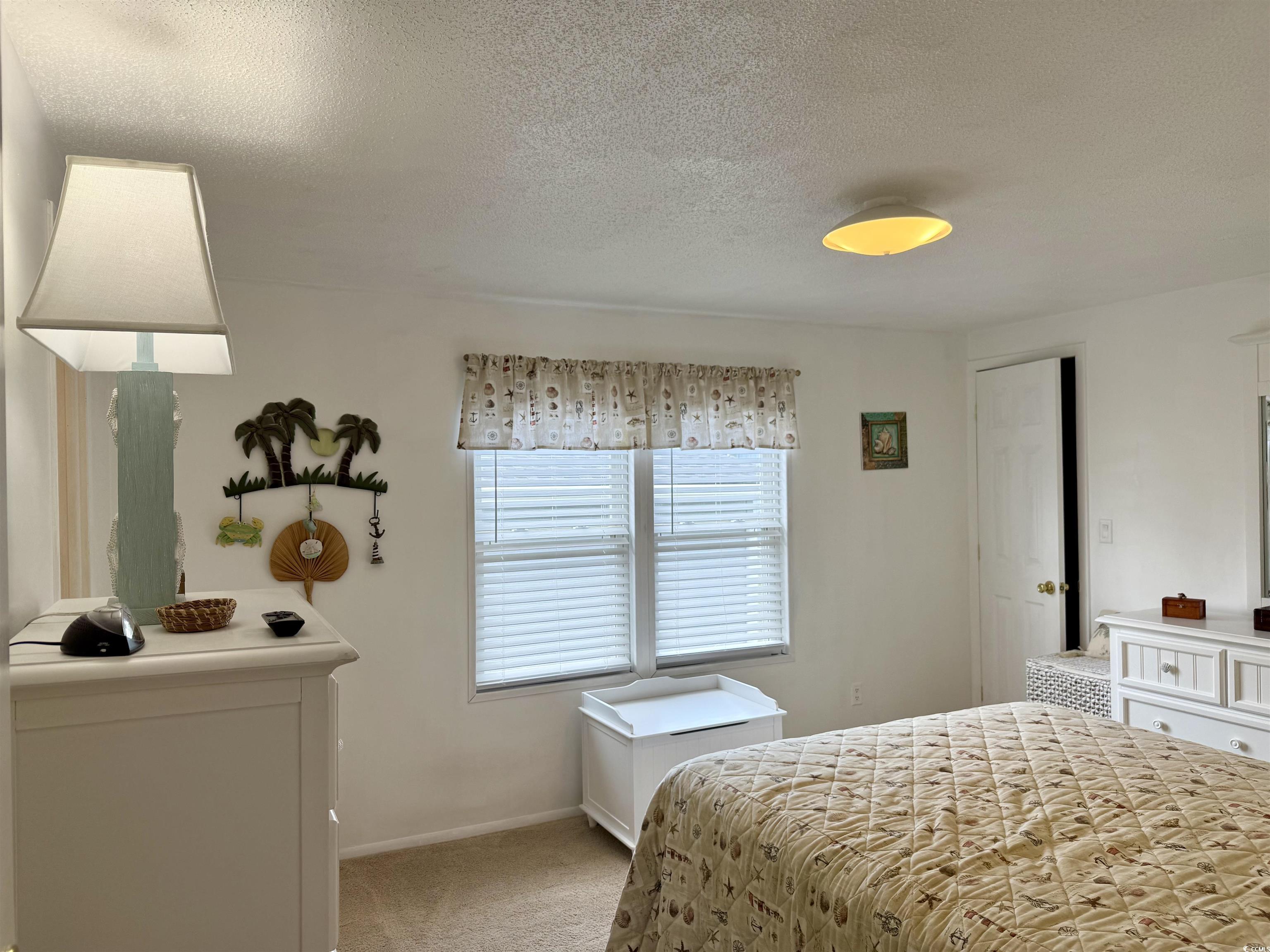 505 Sandpebble Surfside Beach, SC 29575 - Photo 12 of 27 Bedroom featuring light colored carpet, a textured ceiling, and baseboards
