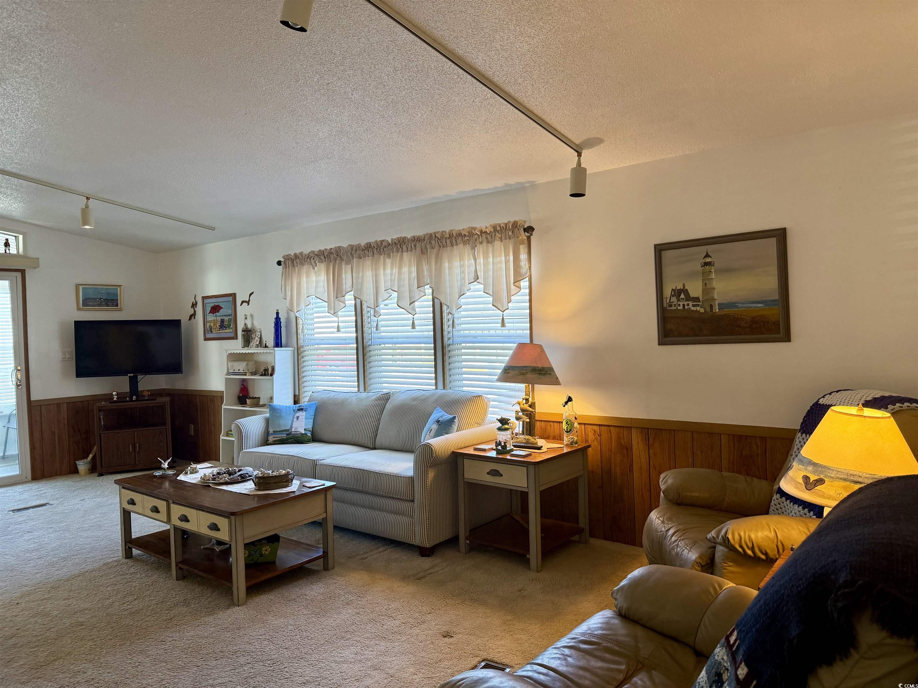 505 Sandpebble Surfside Beach, SC 29575 - Photo 16 of 27 Carpeted living area featuring a textured ceiling, wainscoting, rail lighting, and wood walls