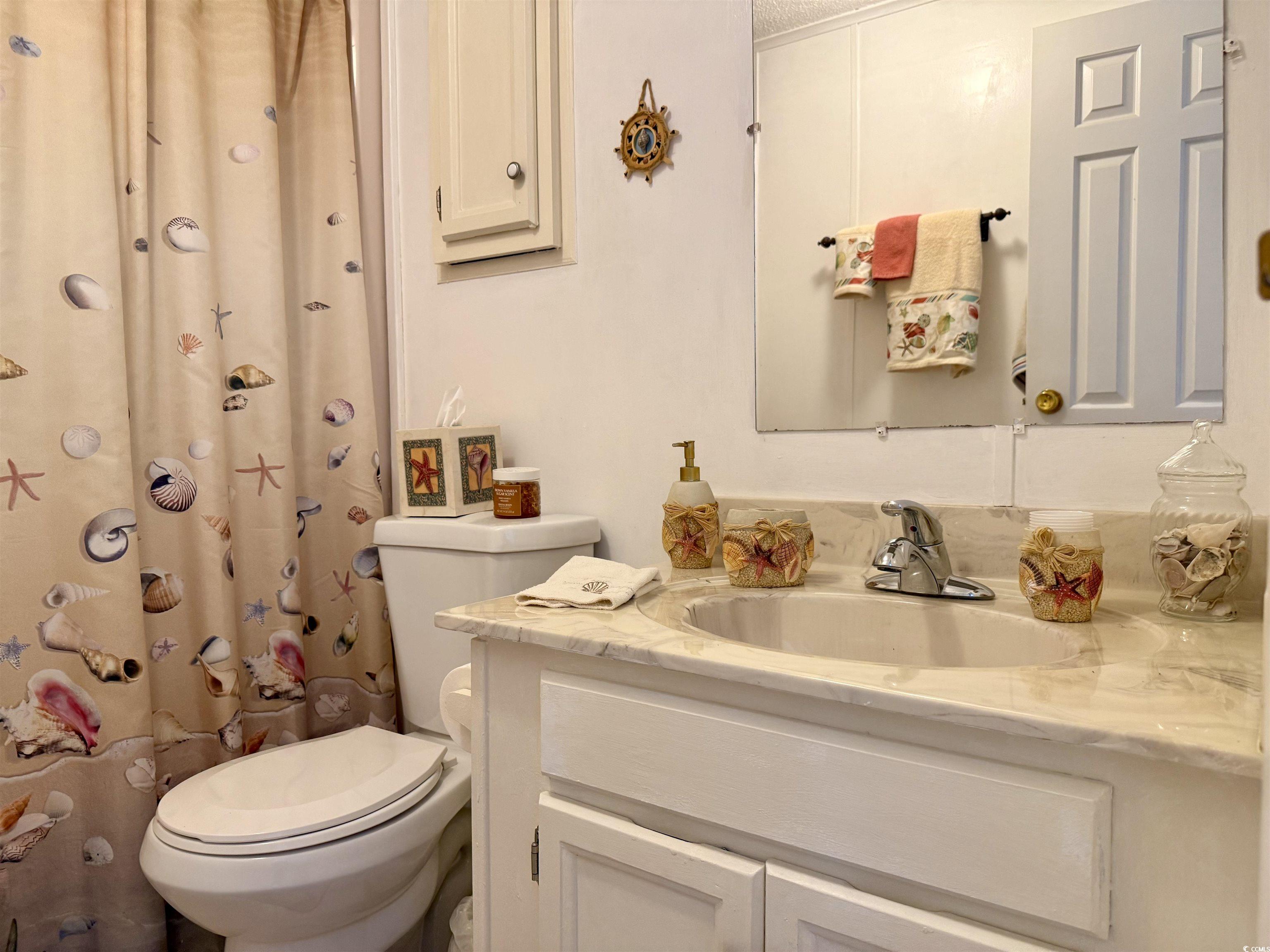 505 Sandpebble Surfside Beach, SC 29575 - Photo 8 of 27 Bathroom featuring toilet, vanity, and a shower with curtain