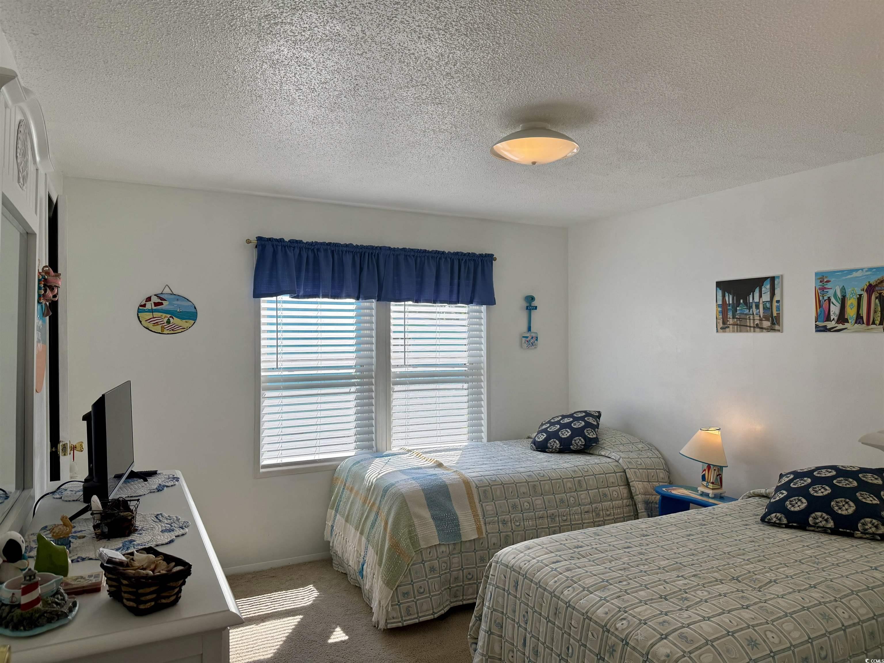 505 Sandpebble Surfside Beach, SC 29575 - Photo 9 of 27 Bedroom with light colored carpet, a textured ceiling, and baseboards