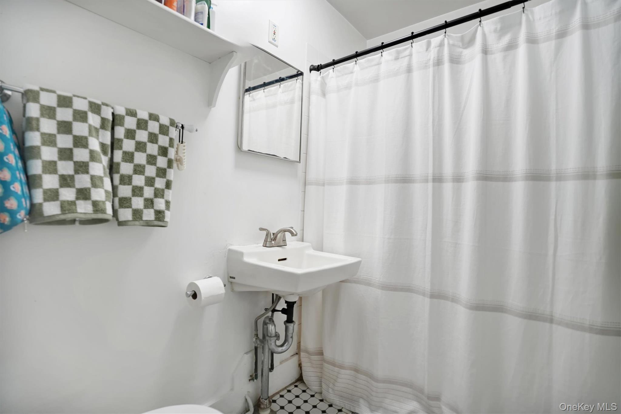 14 Halsey Avenue East Quogue, NY 11942 - Photo 14 of 23 a bathroom with a sink a mirror and a shower curtain