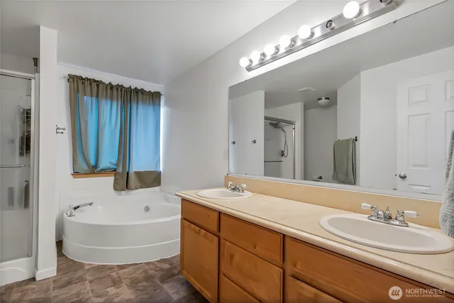 a bathroom with a tub a double vanity sink and a large mirror