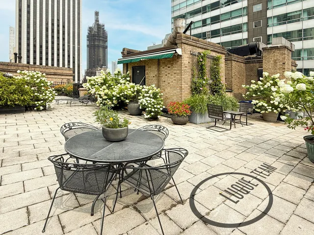 a view of a terrace with chairs and potted plants