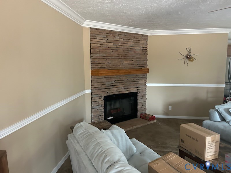 15910 Nobles Road Disputanta, VA 23842 - Photo 3 of 7 Living room with a fireplace, crown molding, and a