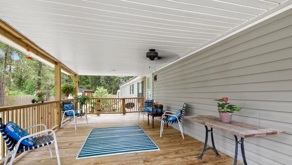 an outdoor space with seating