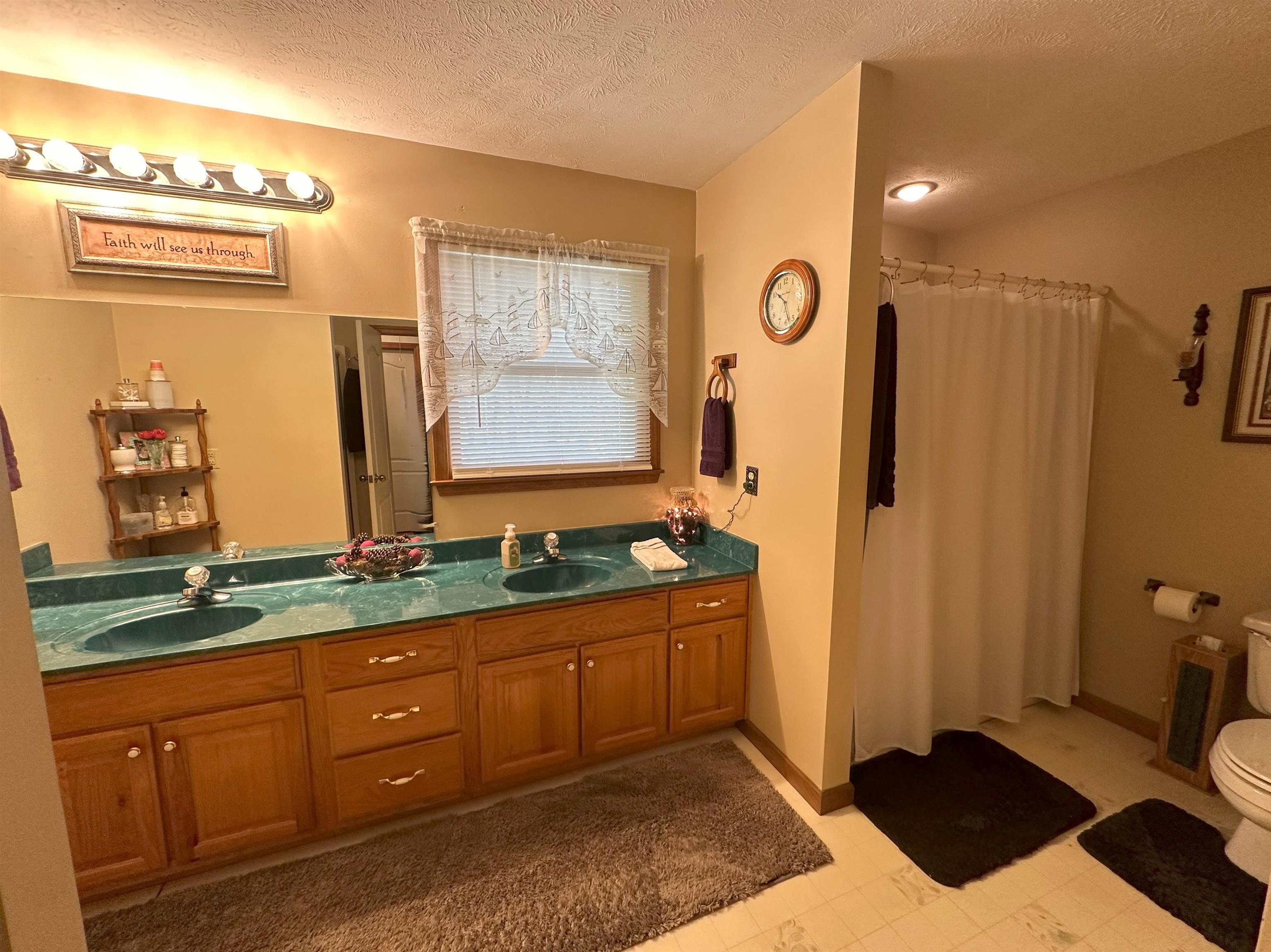 Bathroom with vanity, toilet, a textured ceiling, and walk in shower