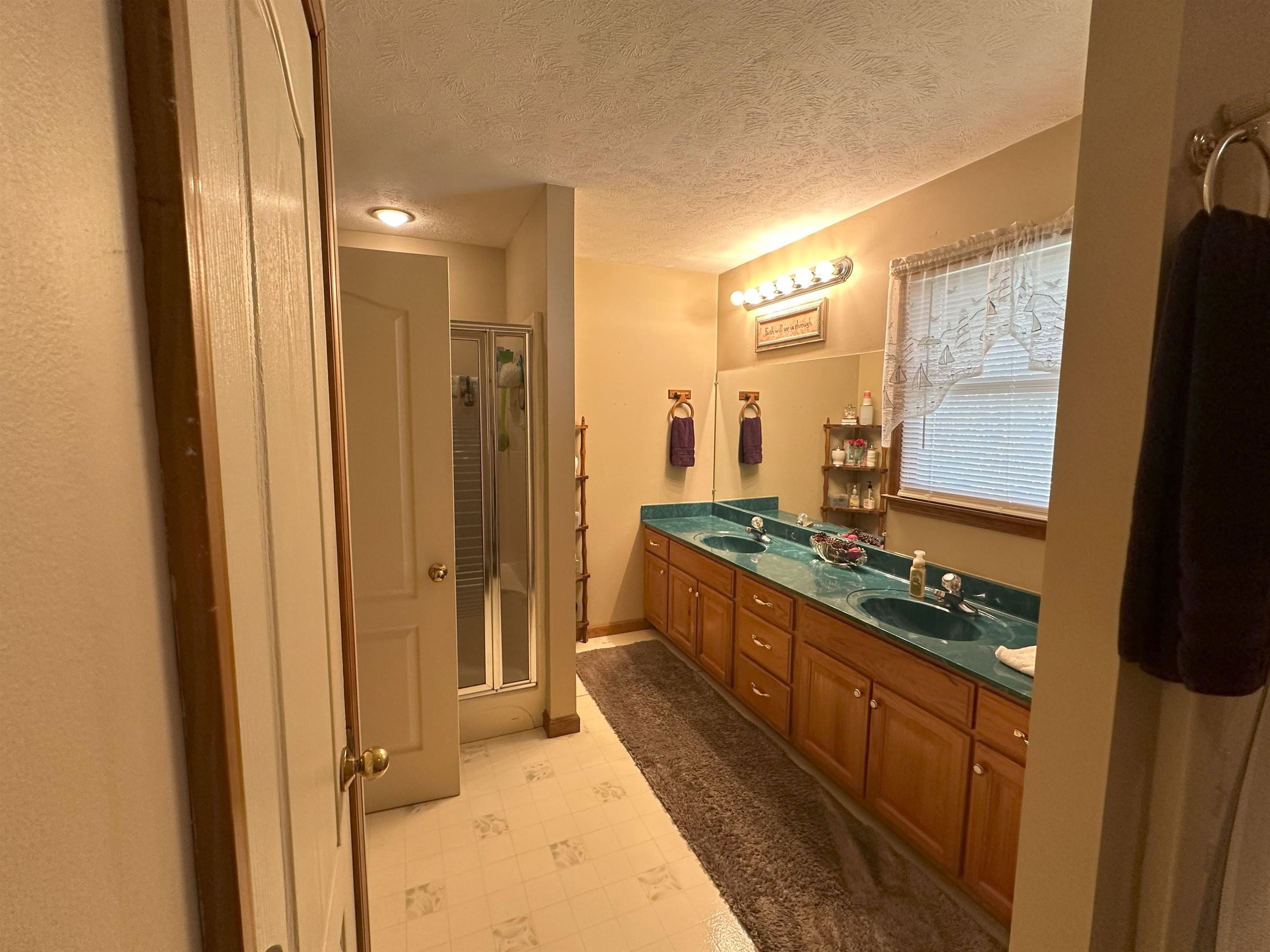 883 Crucifer Road Huron, TN 38345 - Photo 13 of 22 Bathroom featuring vanity, walk in shower, and a textured ceiling