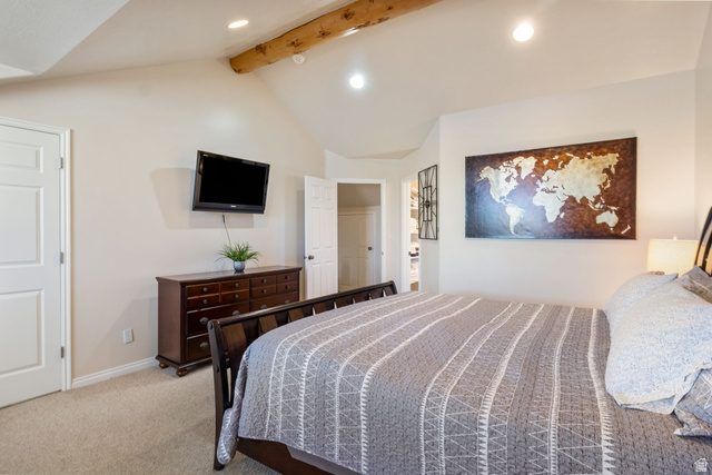 3598 North Huntsman Path, Unit 502 Eden, UT 84310 - Photo 16 of 43 Bedroom featuring light carpet, recessed lighting, and beam ceiling
