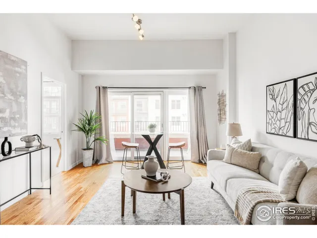 a living room with furniture a rug potted plant and a large window