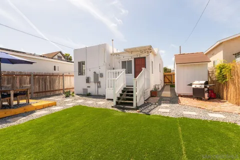 a view of a house with swimming pool in front of it