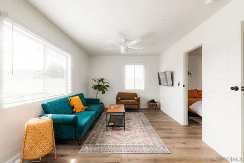 a living room with furniture and a potted plant