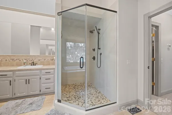 a bathroom with a granite countertop sink a mirror and a shower