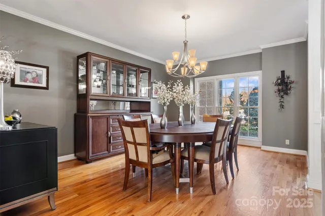 a view of a dining room with furniture wooden floor and chandelier