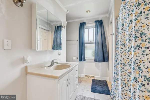 a bathroom with a sink a mirror and a shower