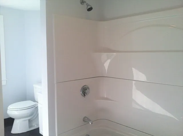 a bathroom with a toilet and a shower