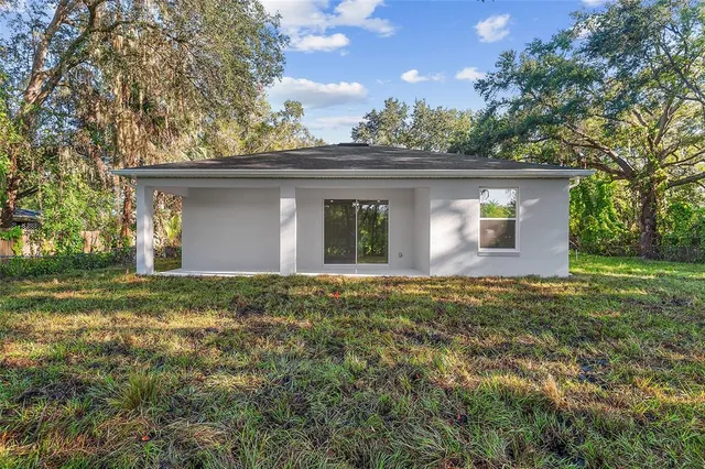 a backyard of a house with plants and large tree