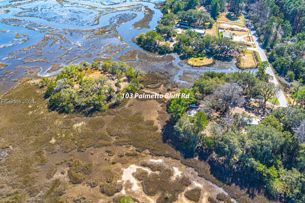 103 Palmetto Bluff Road Bluffton, SC 29910 - Photo 1 of 57 Aerial view of 8.48 acres of marsh front property on Stoney Creek of the May River.