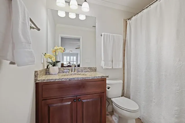 a bathroom with a granite countertop sink vanity mirror and toilet