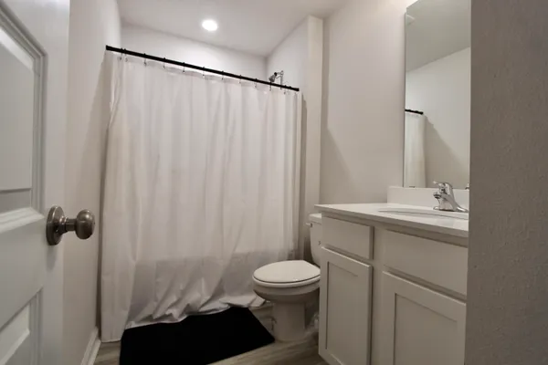 a bathroom with a sink a toilet a mirror and shower curtain