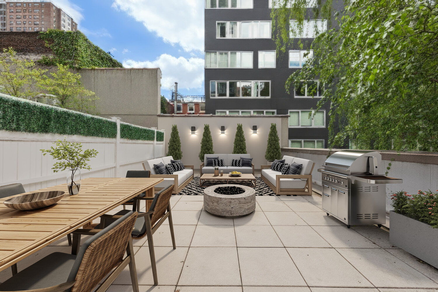 444 West 19th Street, Unit 201 Manhattan, NY 10011 - Photo 1 of 12 a view of a patio with a dining table and chairs with a fire pit