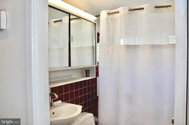a bathroom with a shower curtain and a sink