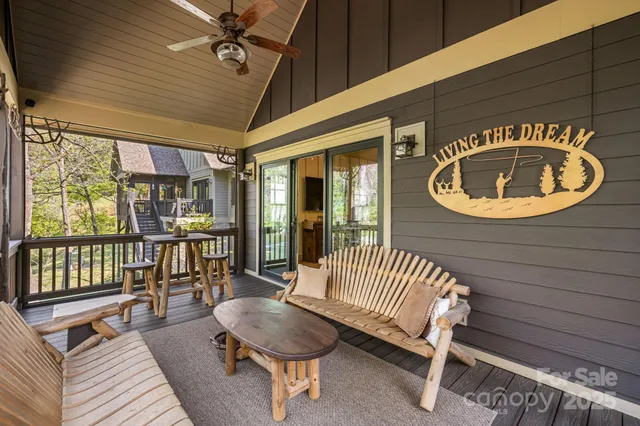 a view of a porch with furniture