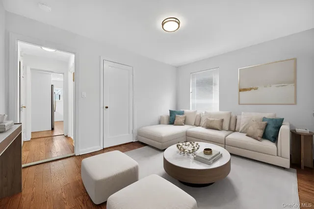 a living room with furniture a rug and a window