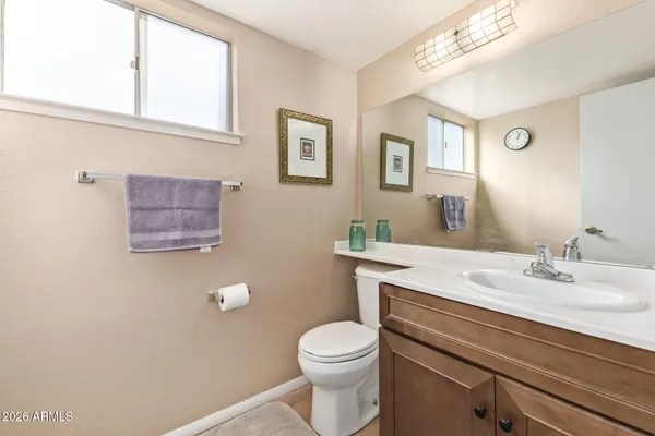 a bathroom with a sink a toilet and mirror