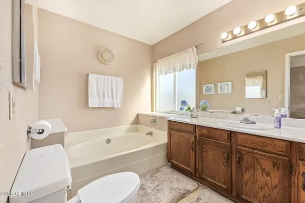 a bathroom with a tub sink and mirror