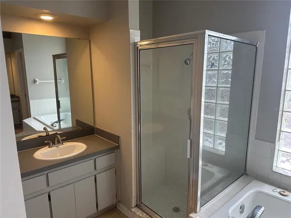 a bathroom with a shower sink vanity and mirror