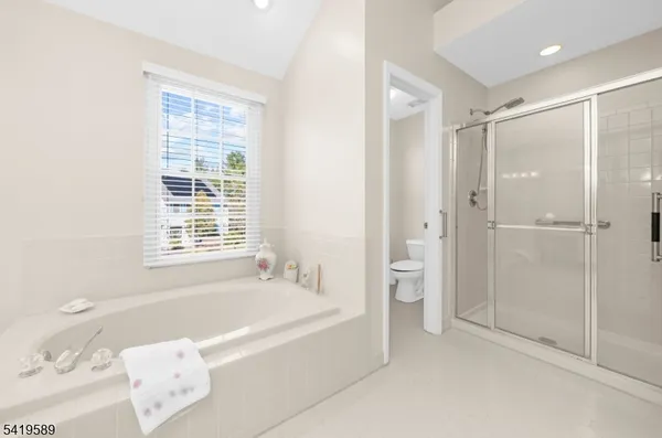 a spacious bathroom with a bathtub shower and a toilet
