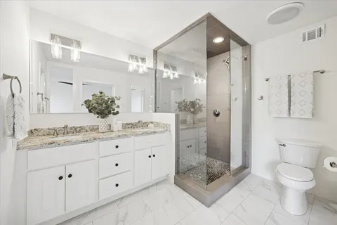 a bathroom with a granite countertop sink toilet a large mirror a vanity and shower