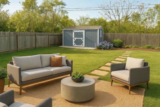 a view of a patio with couches chairs and a potted plant