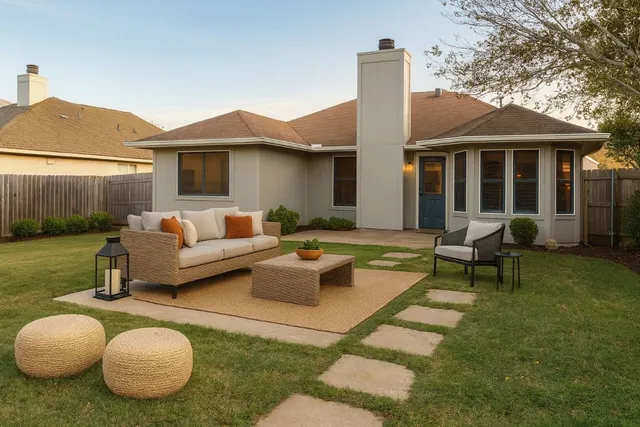 a patio with couches and a potted plant